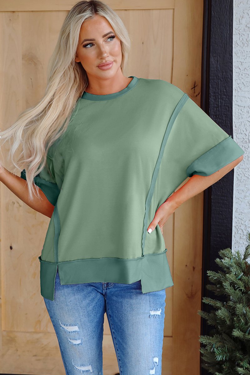 Smoke Green Half Sleeve Raw Seam High Low Side Split Top - Love Salve